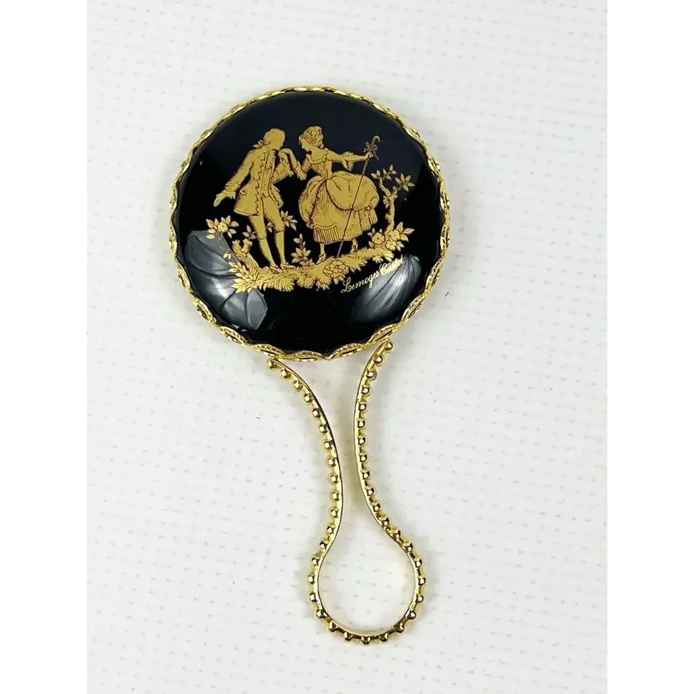 Vintage LIMOGES France Handheld Mirror Black & Gold Porcelain Vanity 4.5